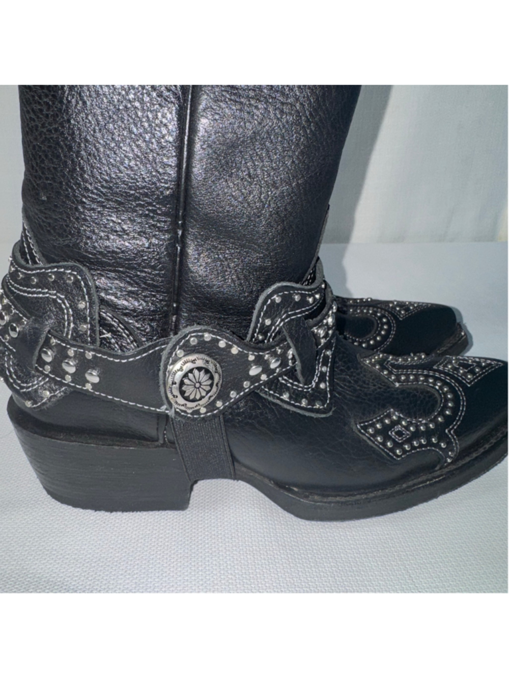 JB Dillon Snip Toe Leather Black Studded Western Cowboy Rodeo Boots Size 7 - Picture 4 of 16